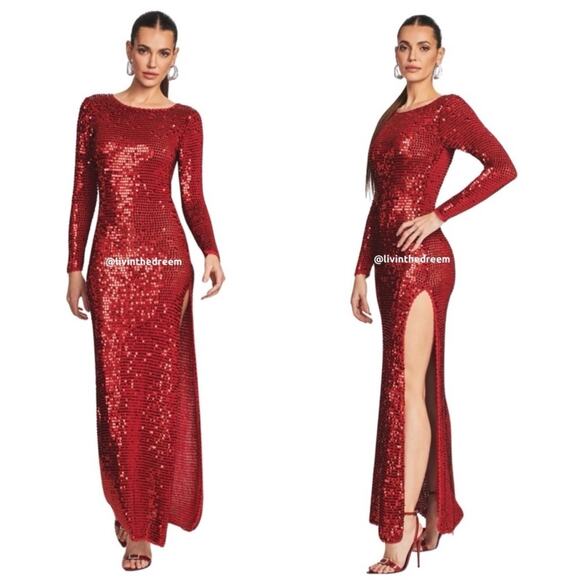 RETROFETE ALEXA SEQUIN HIGH SLIT BODY-CON SEXY RED CROCHET DRESS M/L $775 - Picture 5 of 13